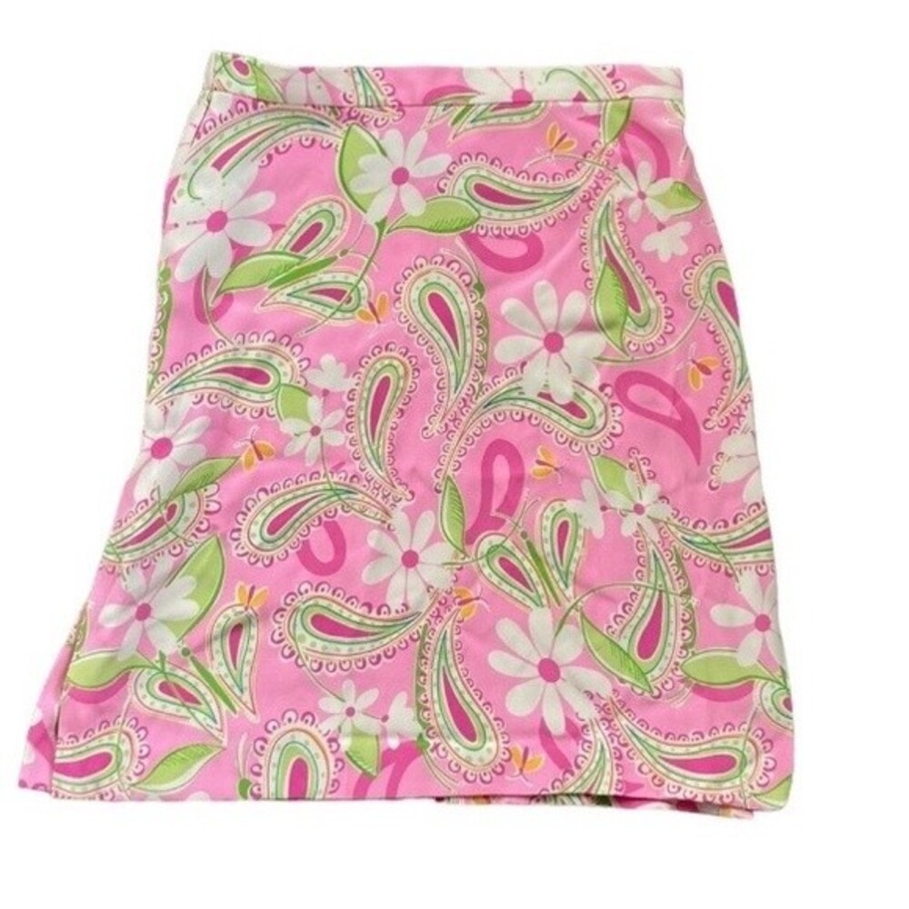 Vintage 80s 90s Lilly Pulitzer Midi Pink Summer Silk Floral Paisley Skirt Size 2